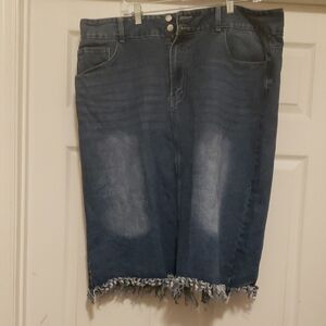 Denim Frayed Hem Midi Skirt - Blue